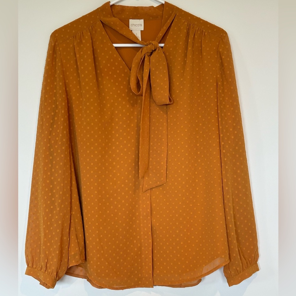 Chicos Mustard Yellow/ Swiss Dot/ Blouse w/ sheer sleeves and neck tie. Size 1